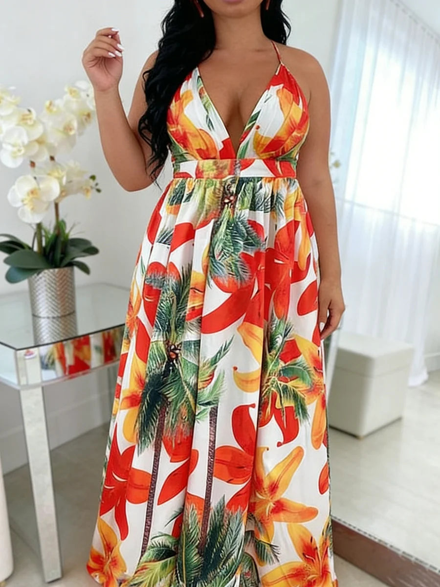 Plus Size Halter Deep V Tropical Maxi Dress