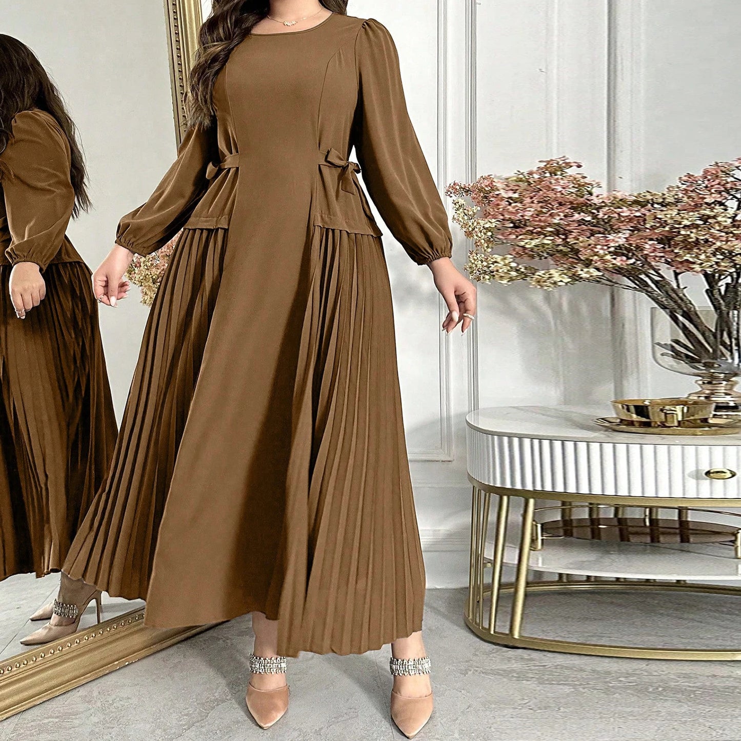 Plus Size Long Sleeve Pleated Dress