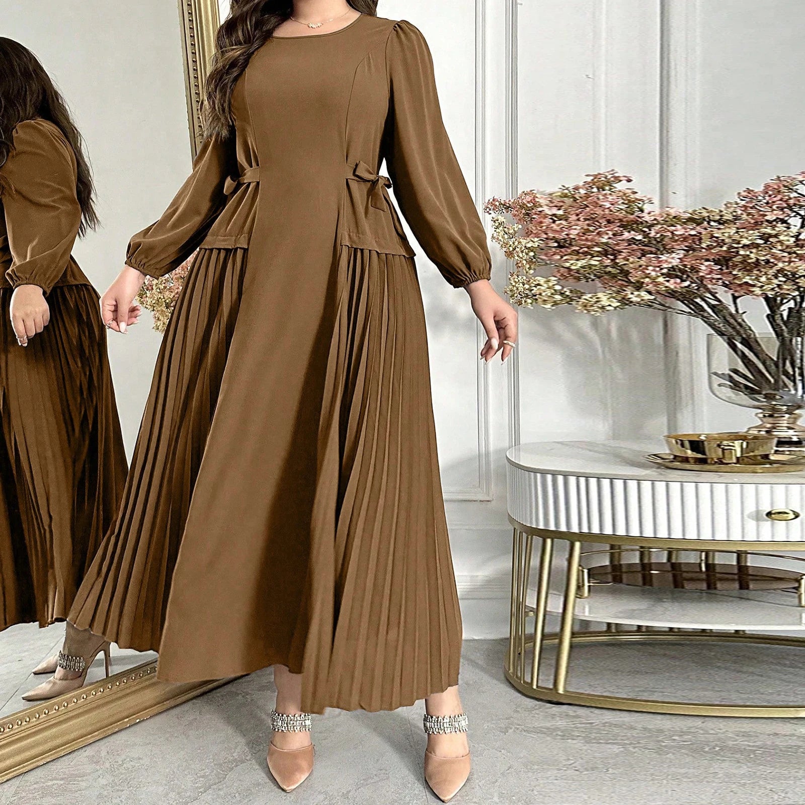 Plus Size Long Sleeve Pleated Dress