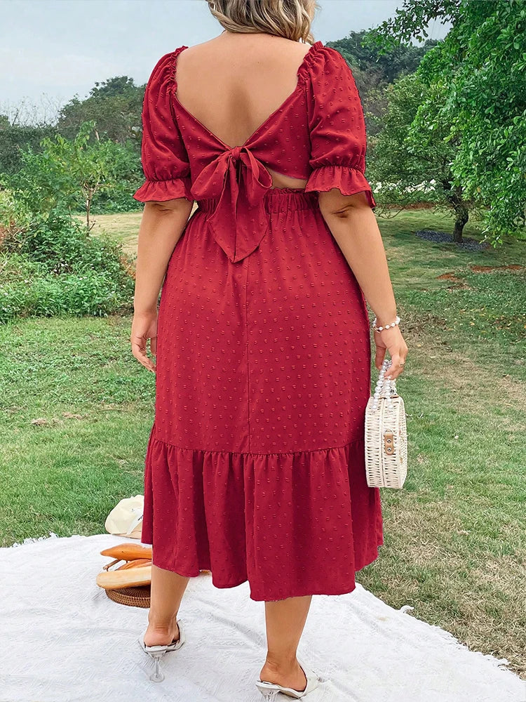 Plus Size Square Neck Ruffle Midi Dress