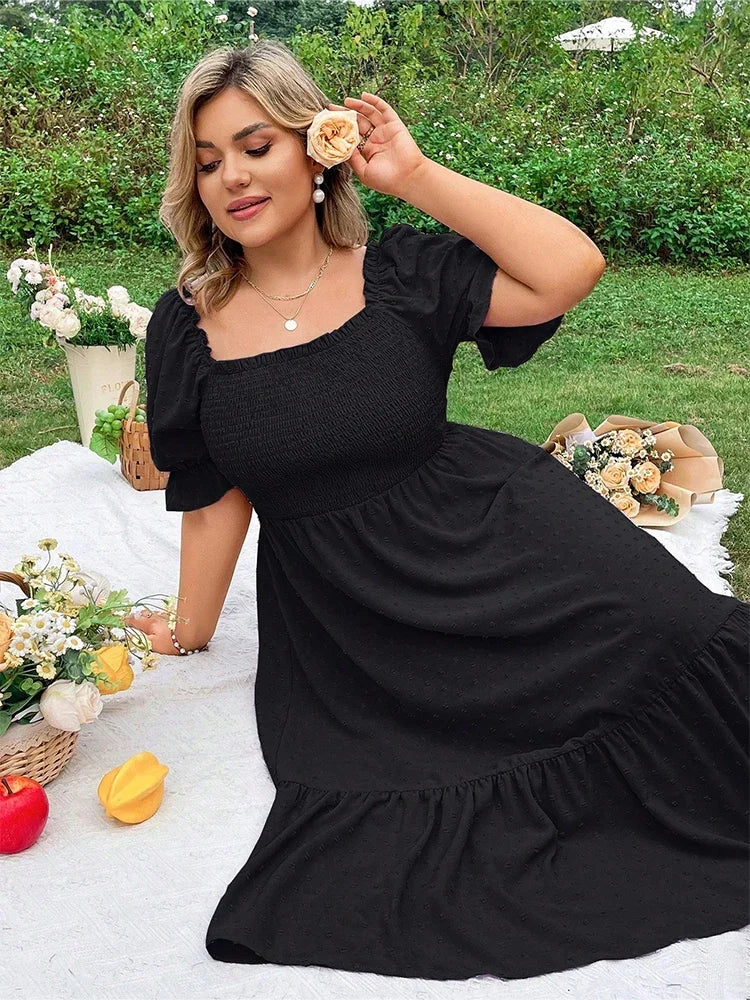 Plus Size Square Neck Ruffle Midi Dress