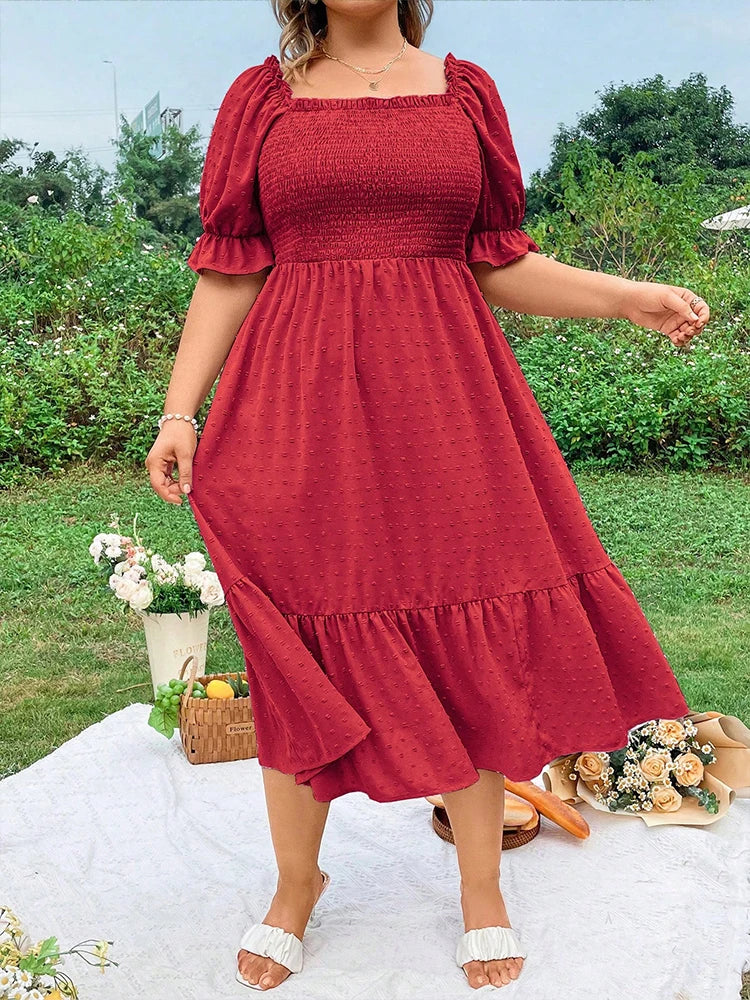 Plus Size Square Neck Ruffle Midi Dress