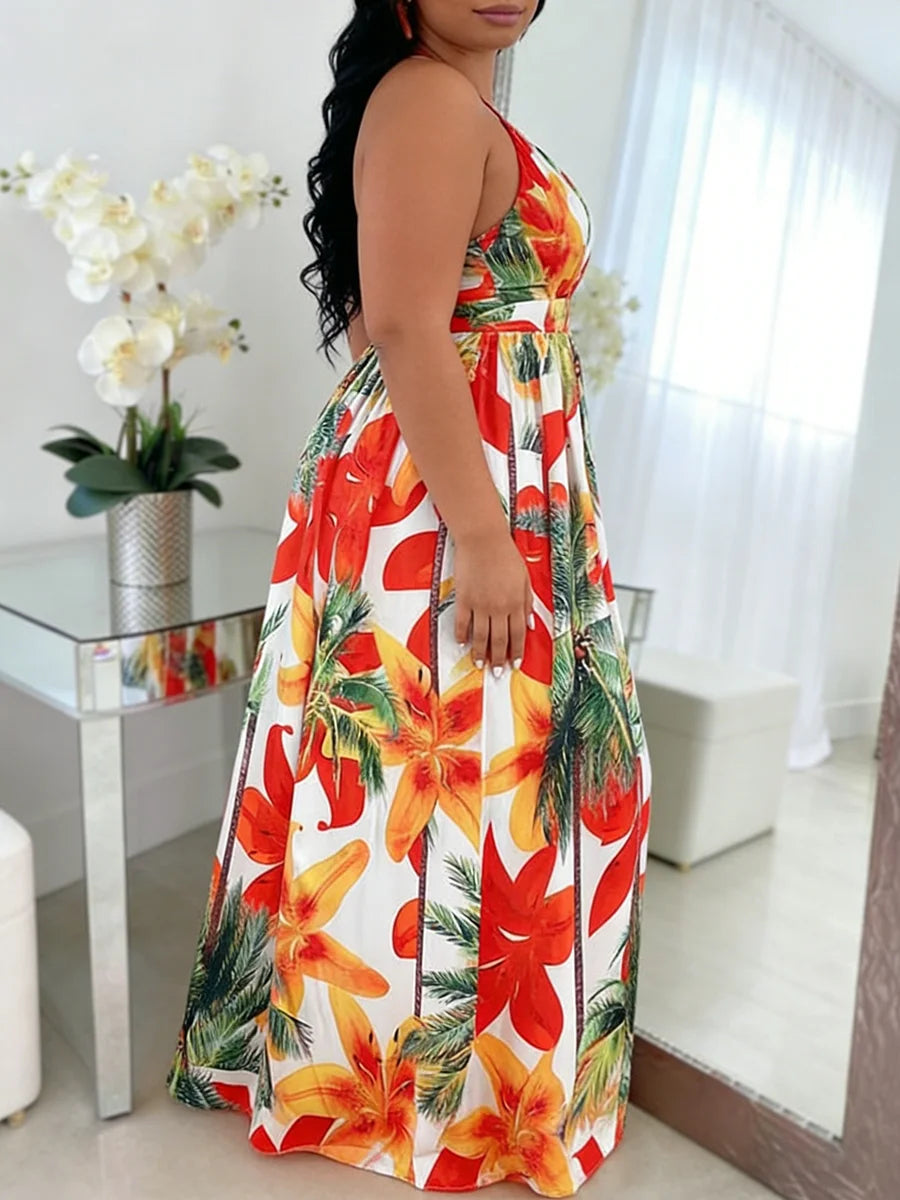 Plus Size Halter Deep V Tropical Maxi Dress