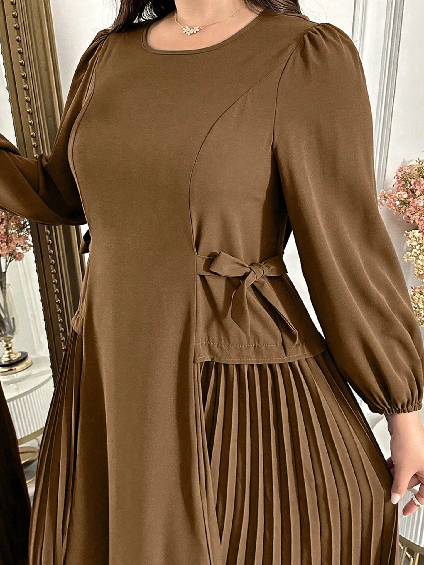 Plus Size Long Sleeve Pleated Dress