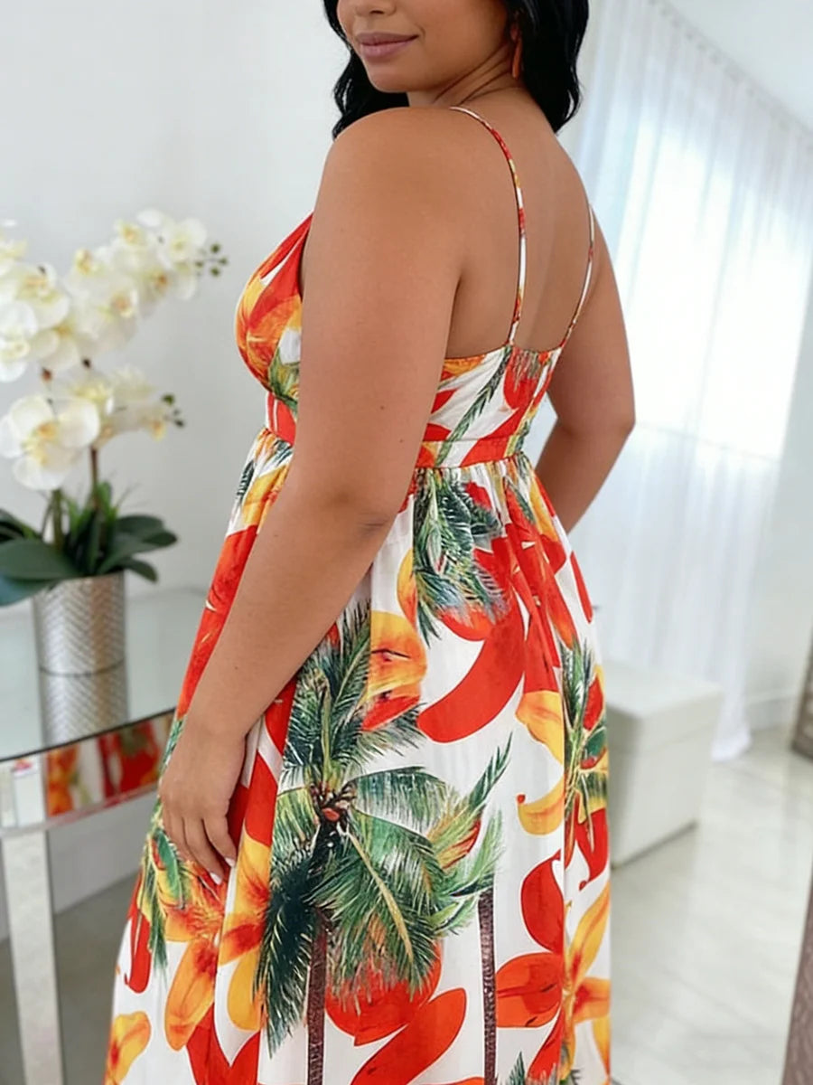 Plus Size Halter Deep V Tropical Maxi Dress
