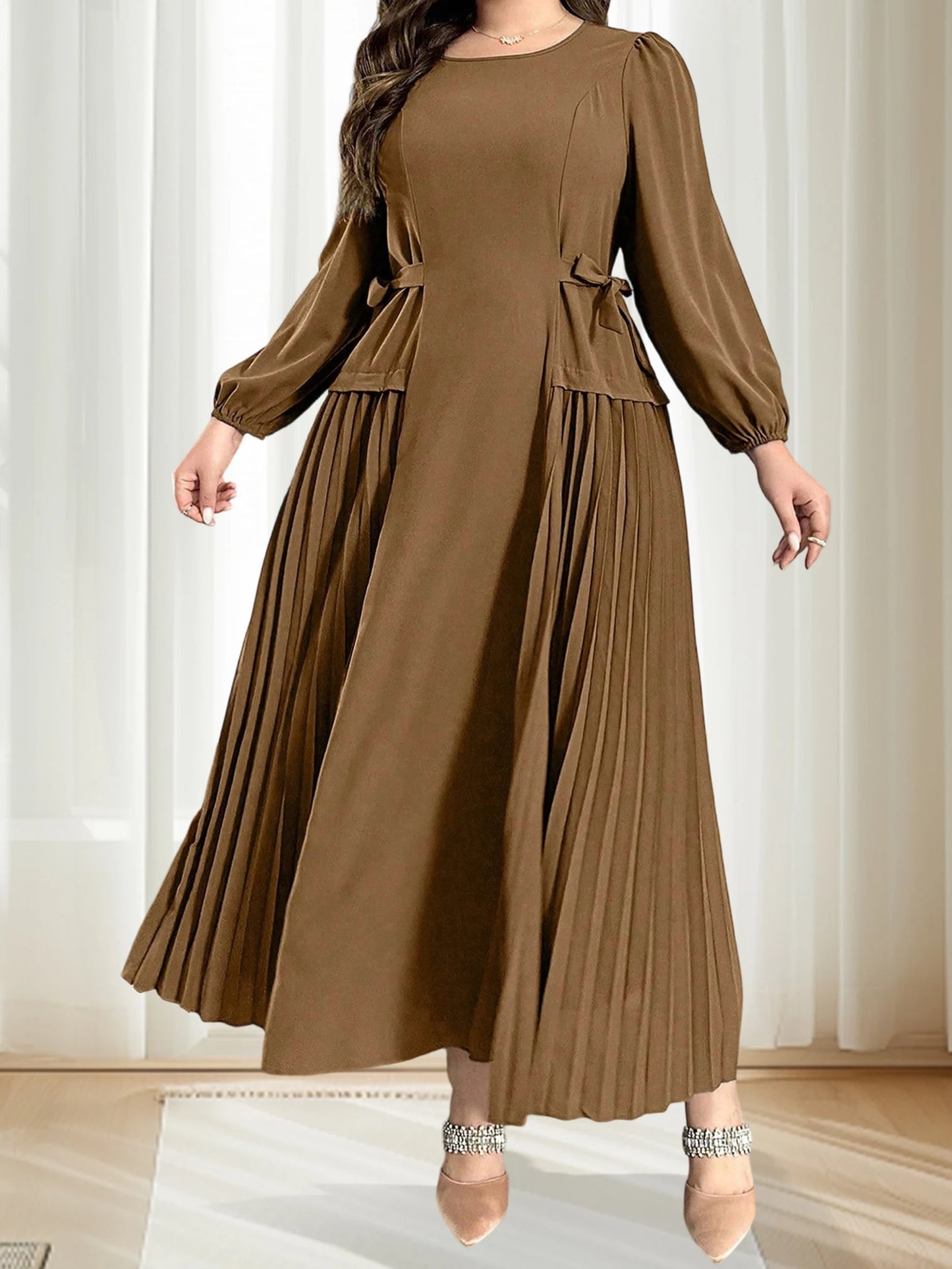 Plus Size Long Sleeve Pleated Dress