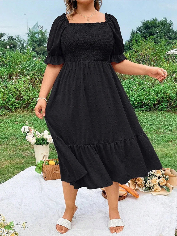 Plus Size Square Neck Ruffle Midi Dress