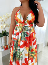 Plus Size Halter Deep V Tropical Maxi Dress
