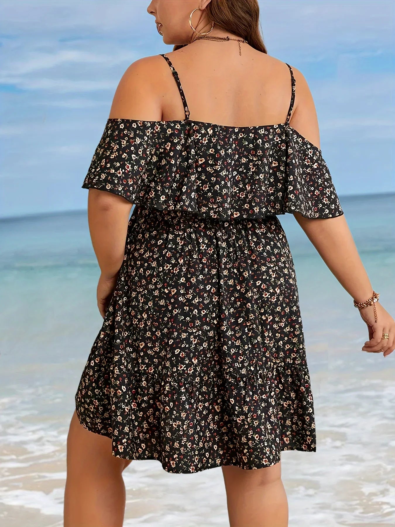 Plus Size Floral Off Shoulder Ruffle Dress