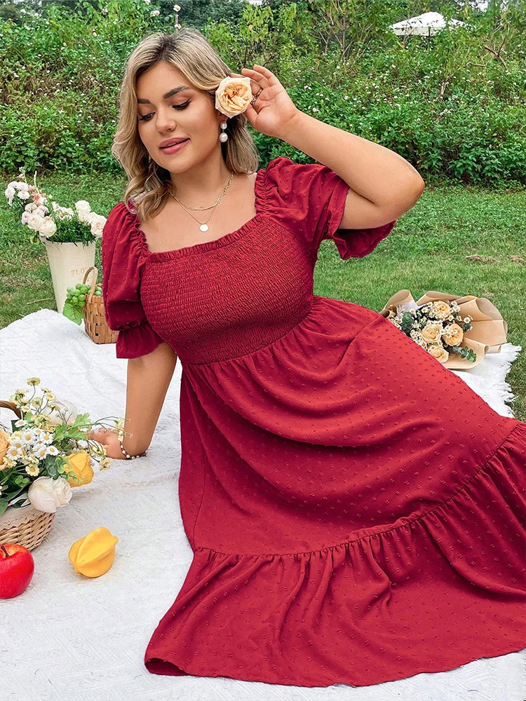 Plus Size Square Neck Ruffle Midi Dress