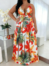 Plus Size Halter Deep V Tropical Maxi Dress