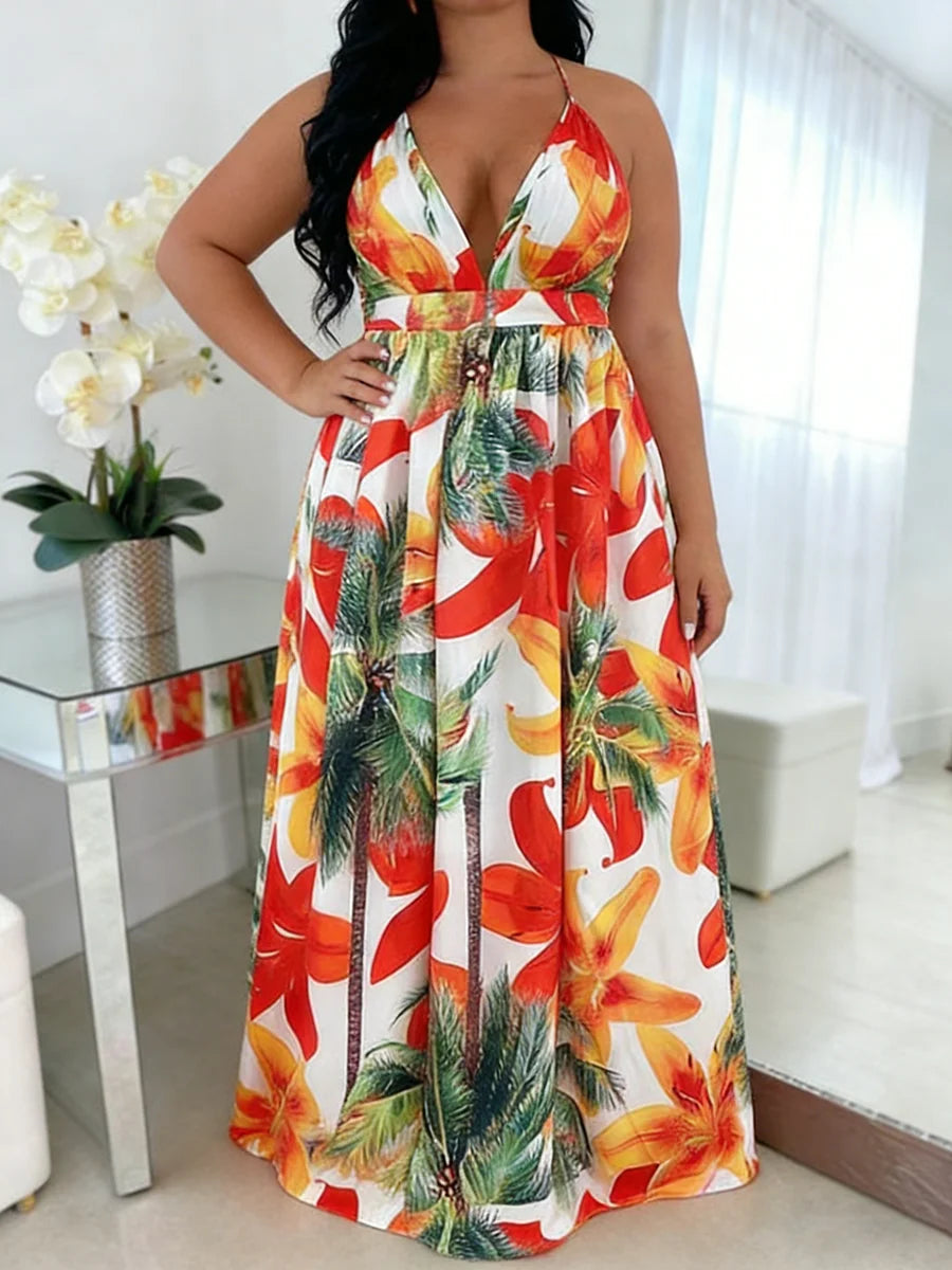 Plus Size Halter Deep V Tropical Maxi Dress