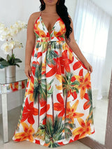 Plus Size Halter Deep V Tropical Maxi Dress