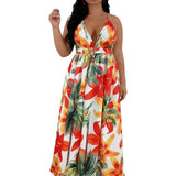 Plus Size Halter Deep V Tropical Maxi Dress