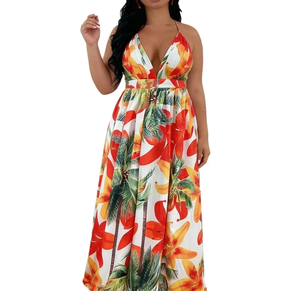 Plus Size Halter Deep V Tropical Maxi Dress