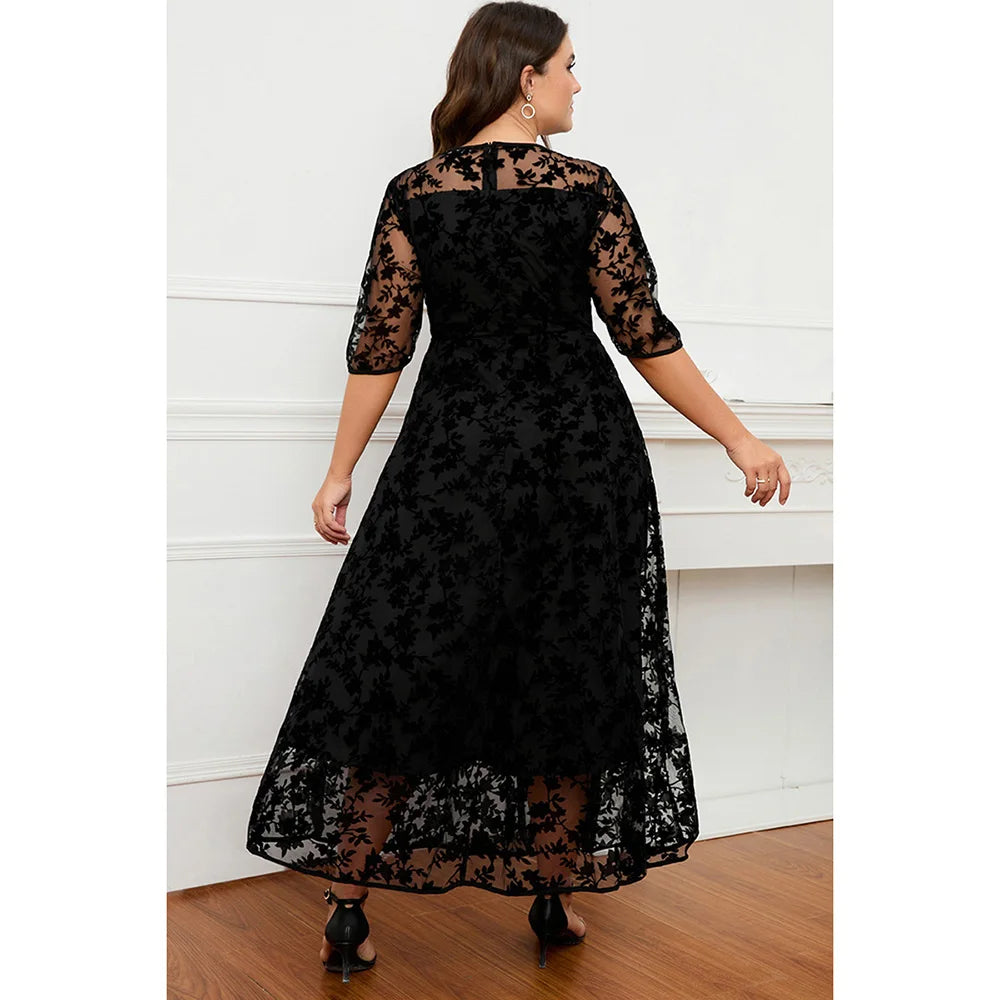 Plus Size Black Lace Velvet Maxi Dress