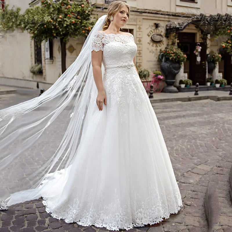 Plus Size A-Line Off-Shoulder Lace Wedding Dress