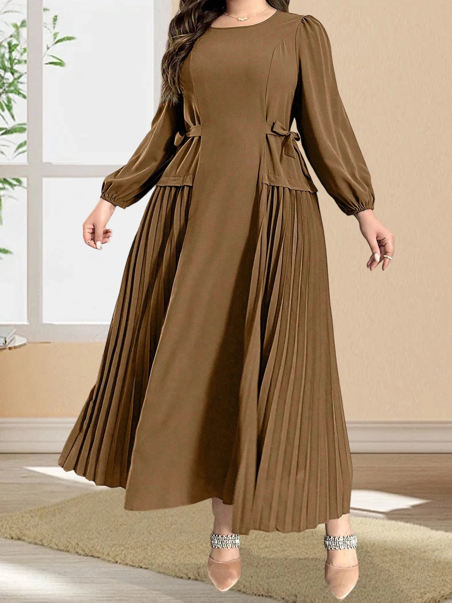 Plus Size Long Sleeve Pleated Dress