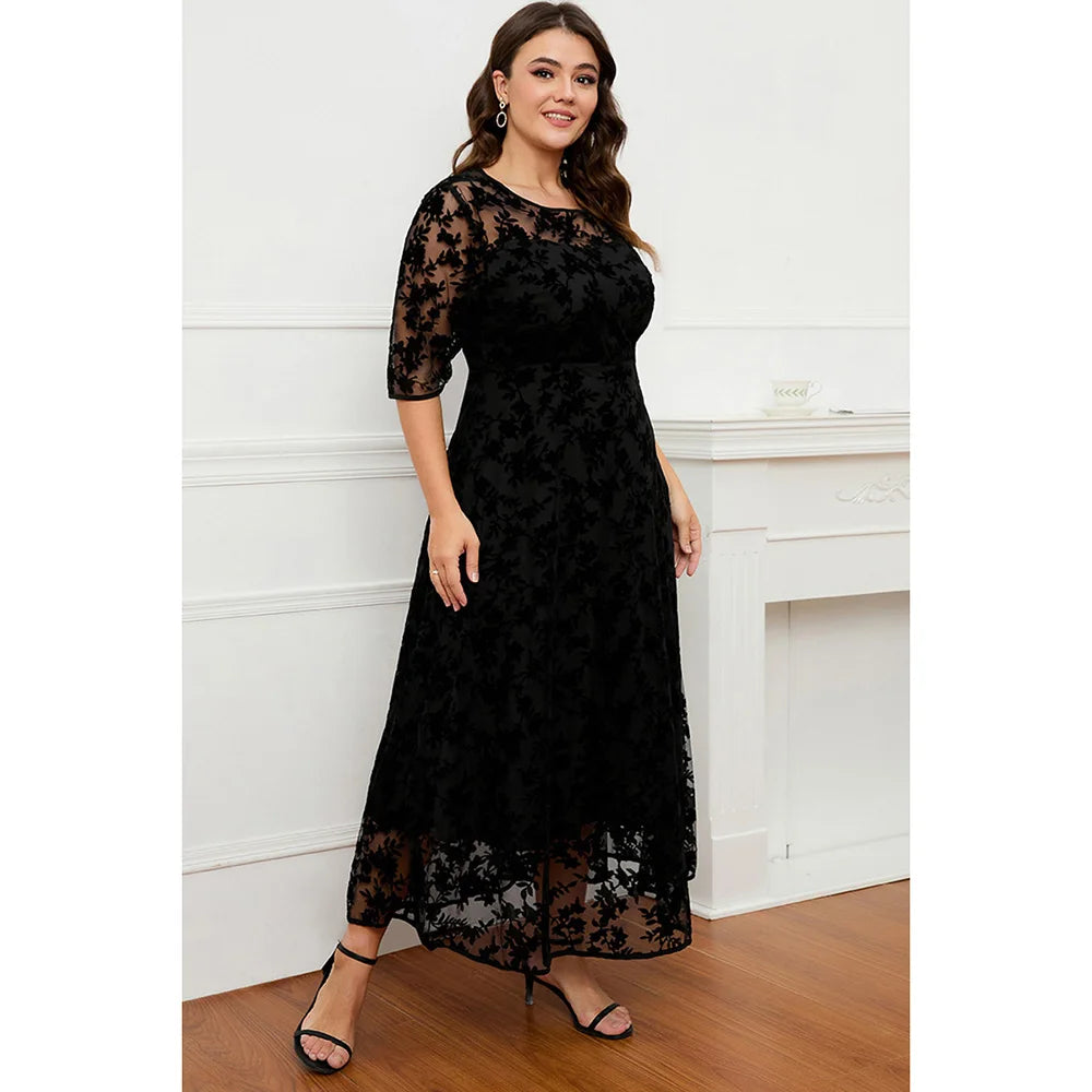 Plus Size Black Lace Velvet Maxi Dress
