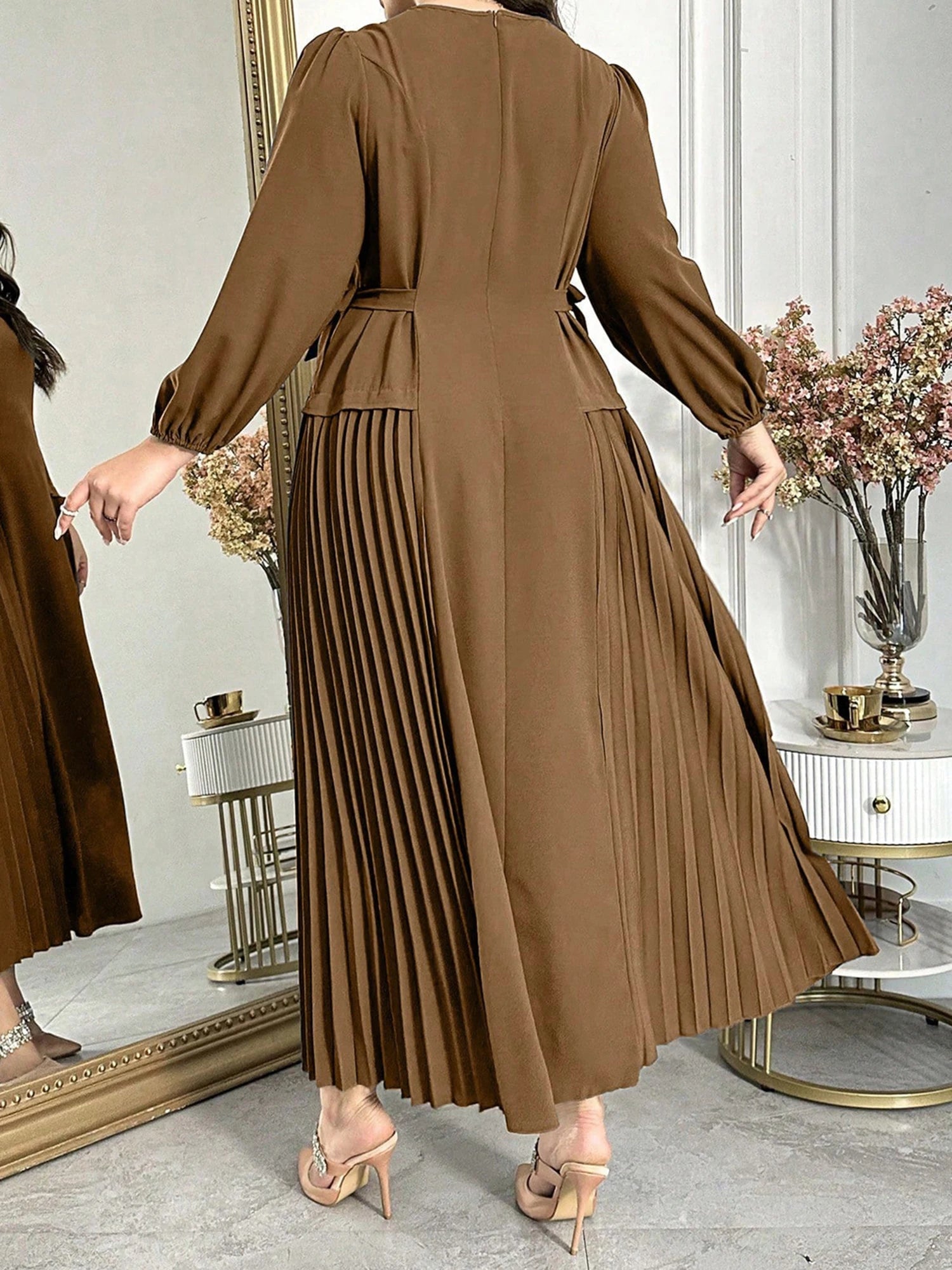 Plus Size Long Sleeve Pleated Dress
