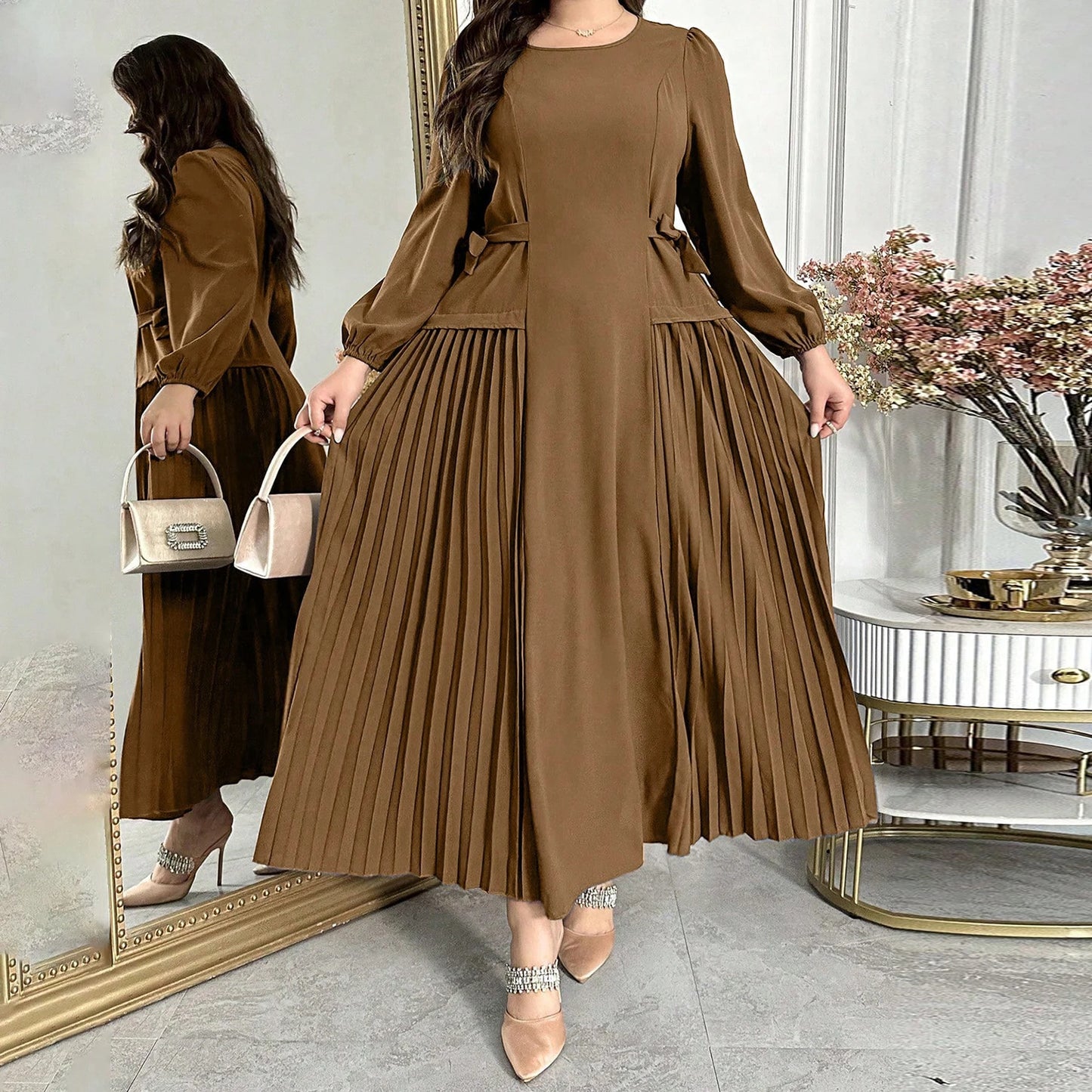 Plus Size Long Sleeve Pleated Dress